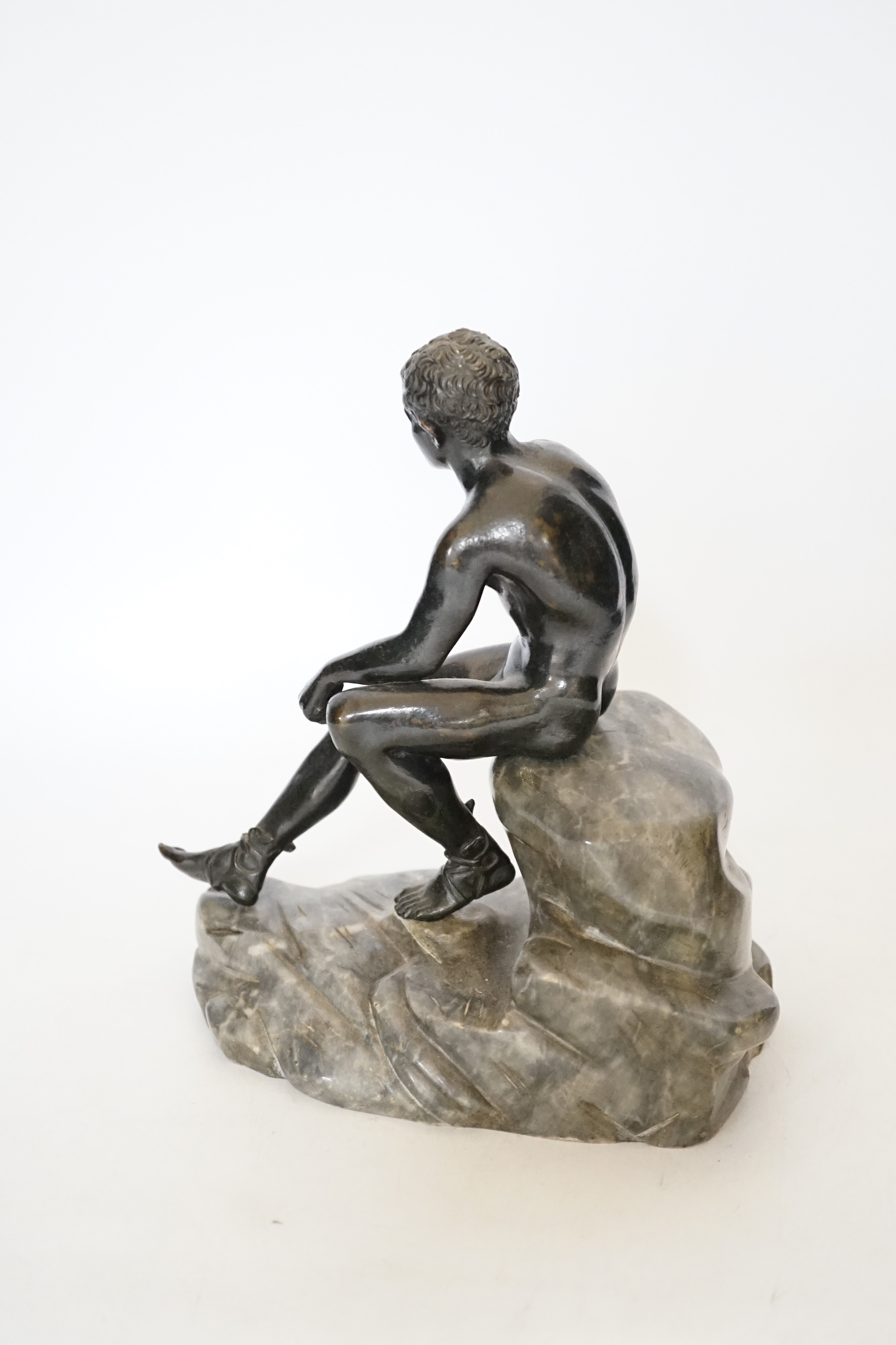 After the Antique, an early 20th century bronze figure of Mercury seated on marble, 20cm